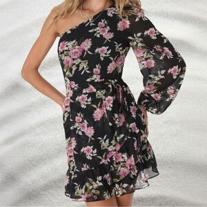 Lulus Popular Sweetie Black Floral One-Shoulder Ruffled Mini Dress / Sz Large